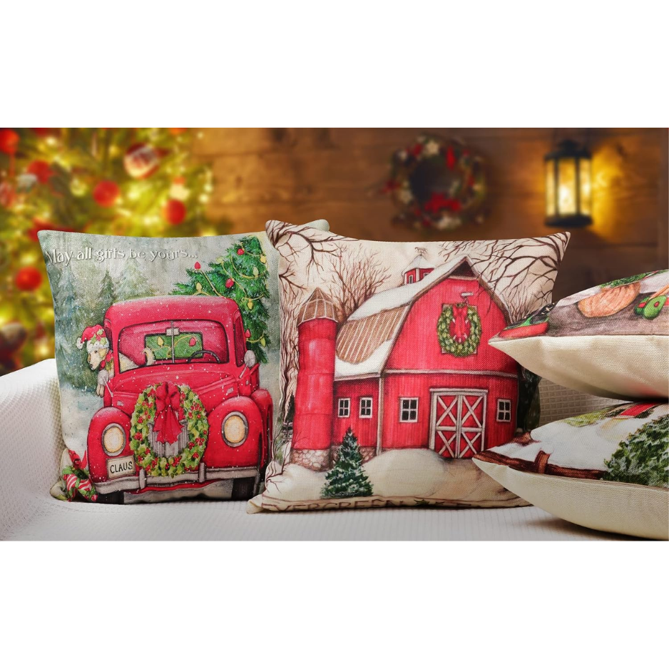Christmas Linen Pillow Covers, 18 x 18-Inch, Set of 4