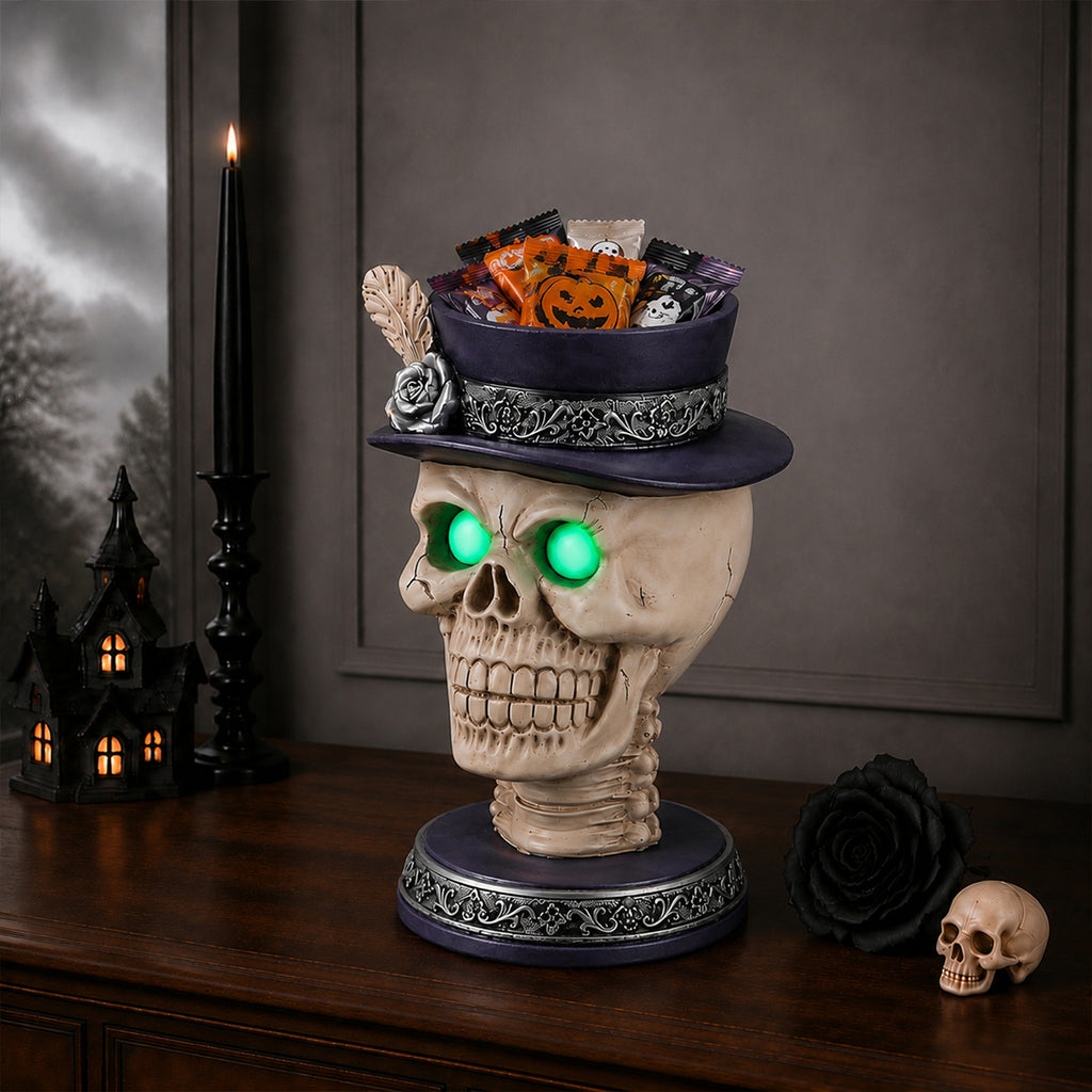 Skull Candle Holder with Glowing Eyes and Feather Top Hat