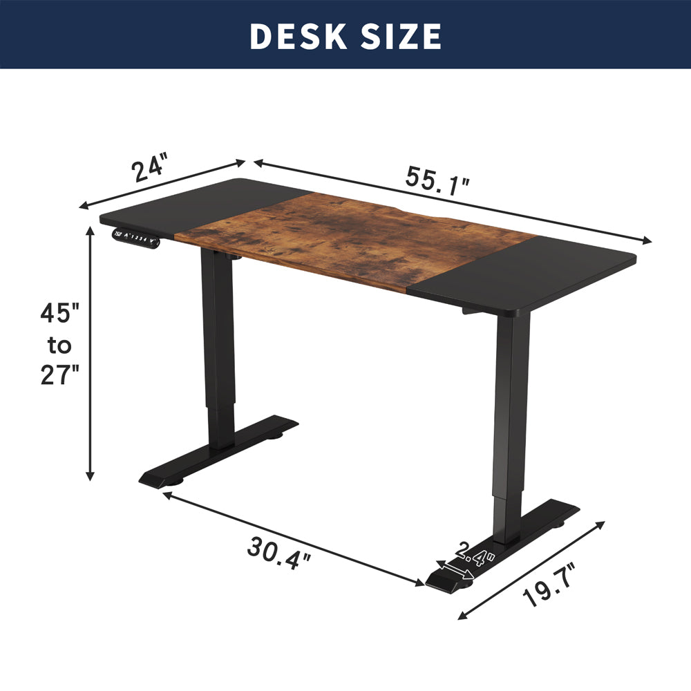Electric Standing Desk, 55 in, Black and Brown