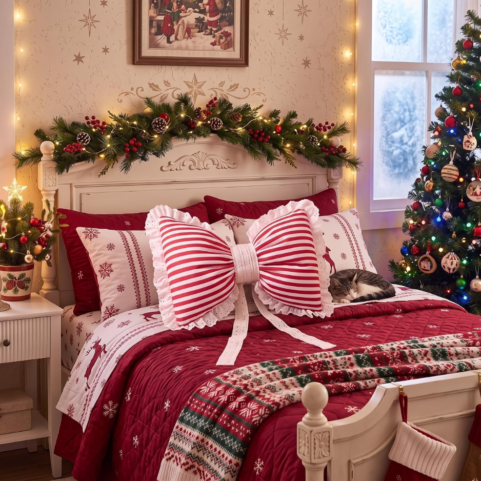 Red and White Striped Christmas Bow Pillow with Lace Trim