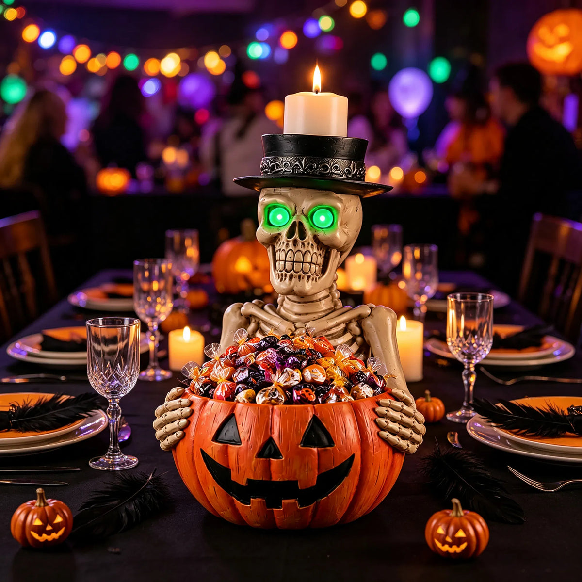 Skeleton Candy Dish with Glowing Green Eyes
