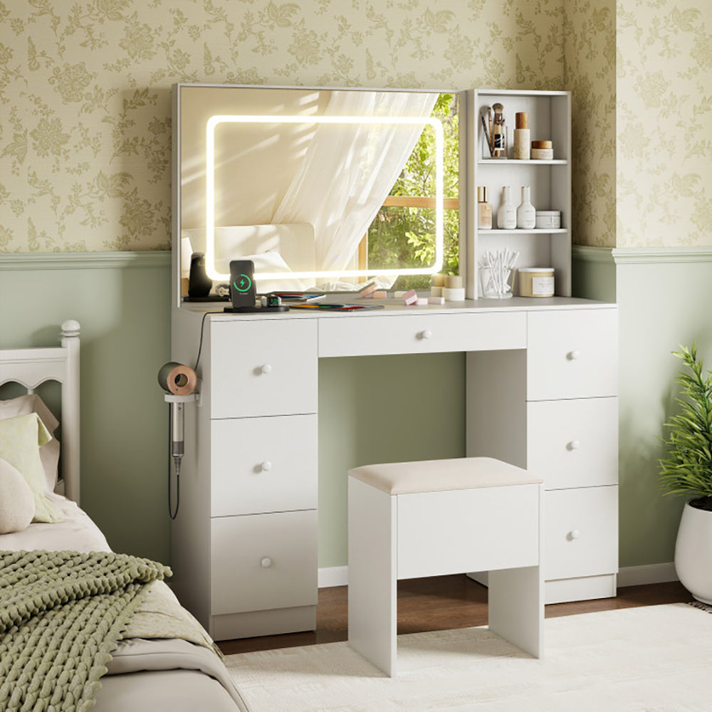 Lighted Mirror Vanity Desk and Stool Set, White