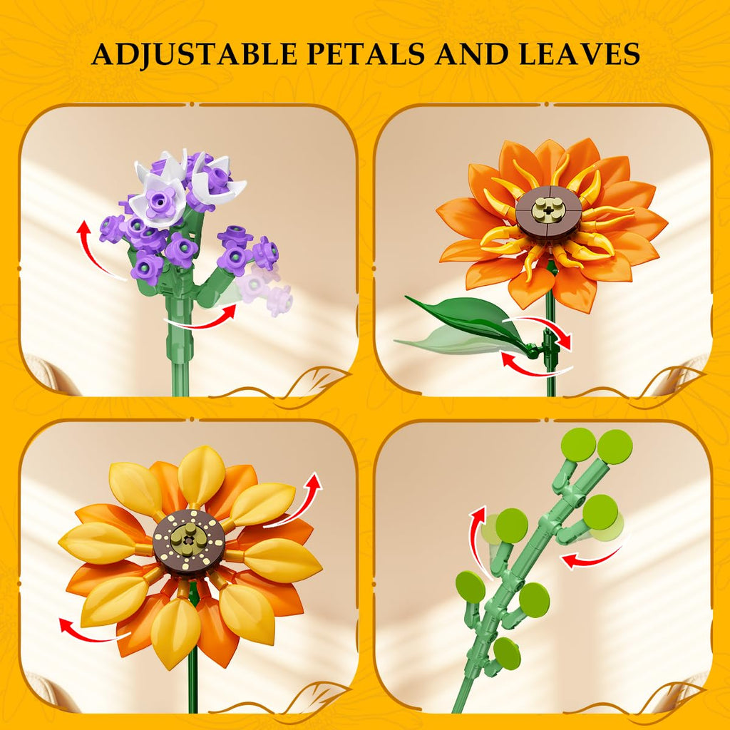 Sunflower Bouquet Building Set with Lights, 1011 Pieces
