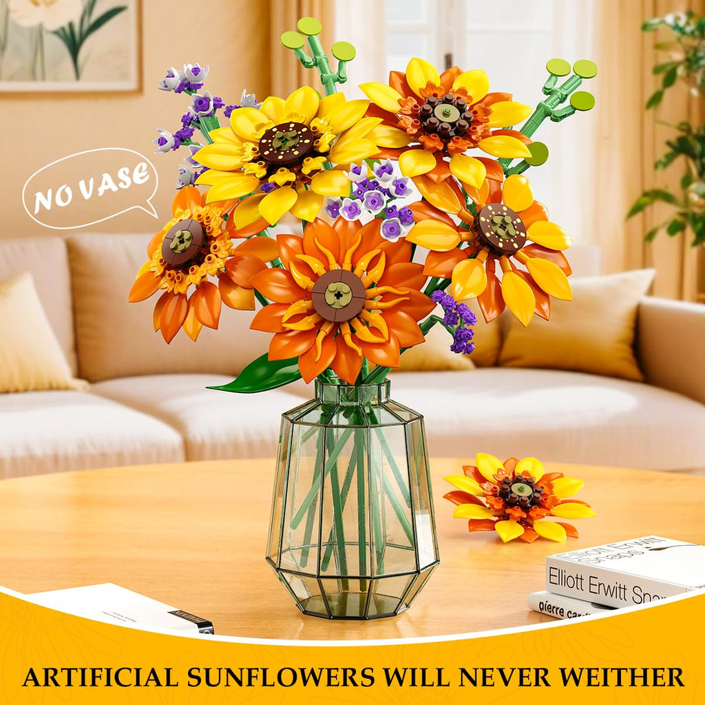 Sunflower Bouquet Building Set with Lights, 1011 Pieces