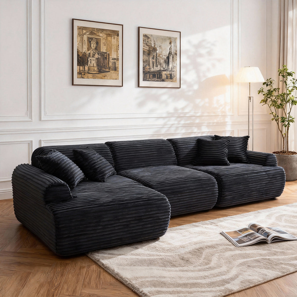 105-Inch Compressed Modular Sectional with Washable Cover, Black