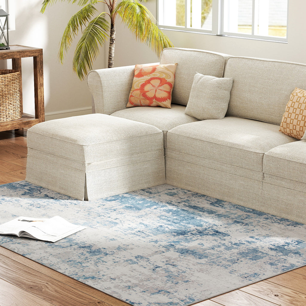 Washable Abstract Area Rug, 4 x 6 ft, Blue