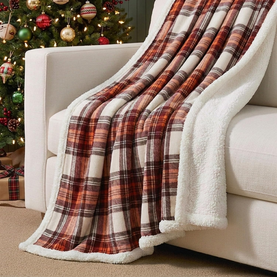 Reversible Sherpa Throw Blanket, 50 x 60-Inch, Red Plaid