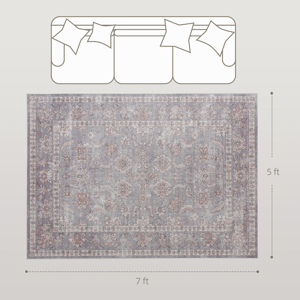 Washable Floral Area Rug, 5 x 7 ft, Grey and Brown