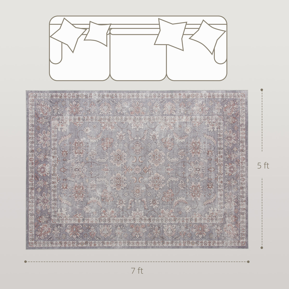 Washable Floral Area Rug, 5 x 7 ft, Grey and Brown
