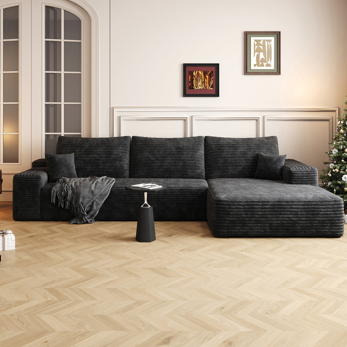 107-Inch Corduroy Cloud Sectional with Chaise, Black