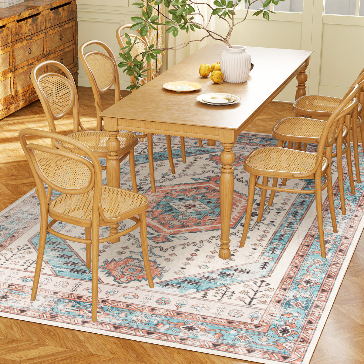 Vintage Low-Pile Area Rug, 4 x 6 ft, Brown and Blue
