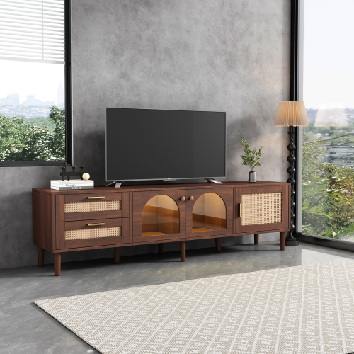 Rattan LED TV Stand for TVs up to 80 in, Dark Brown