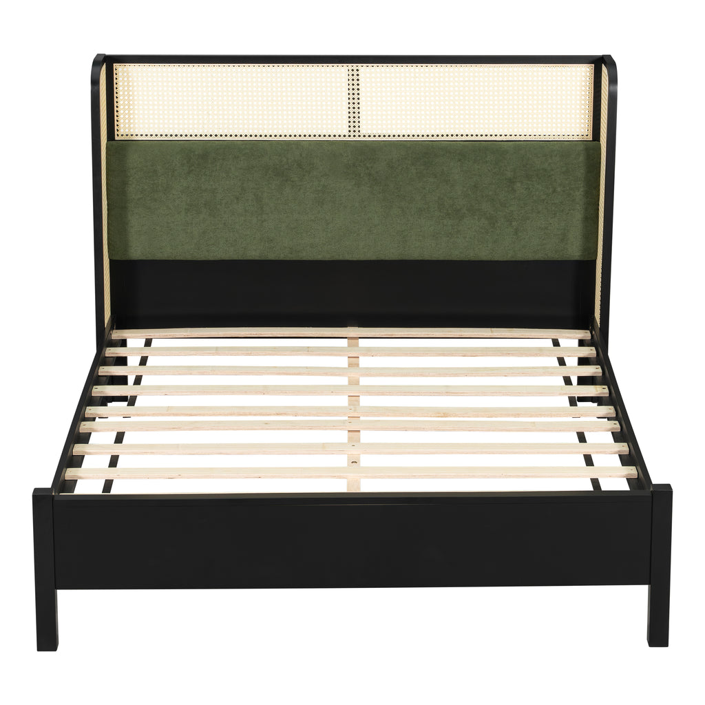 Solid Wood Queen Bed Frame with Green Headboard