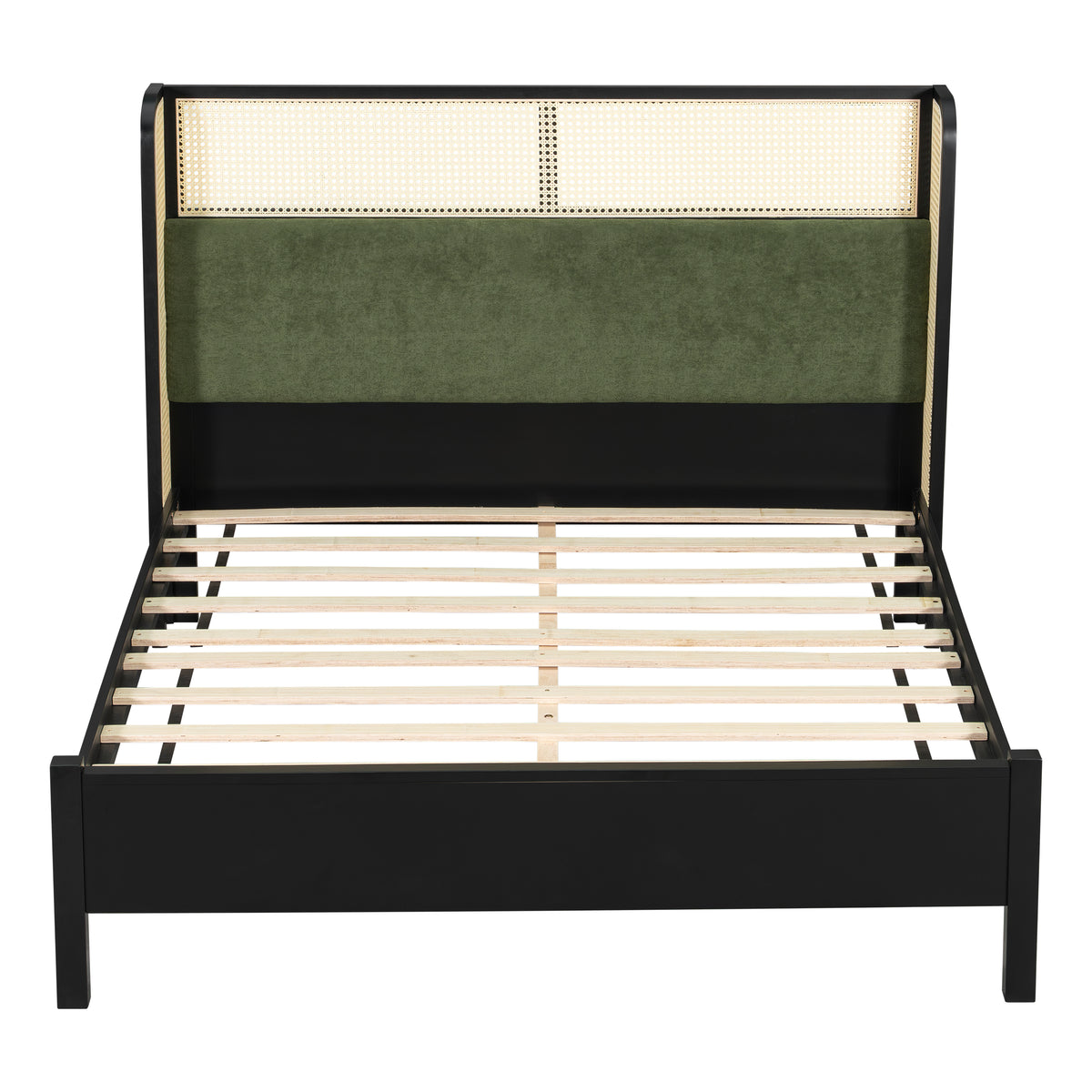 Solid Wood Queen Bed Frame with Green Headboard