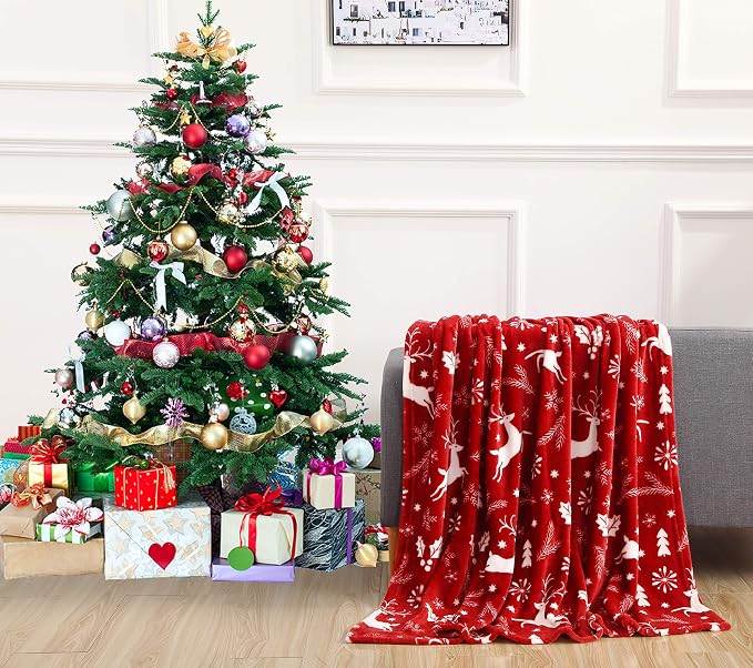 Burgundy Reindeer Velvet Fleece Christmas Throw, 50 x 60-Inch