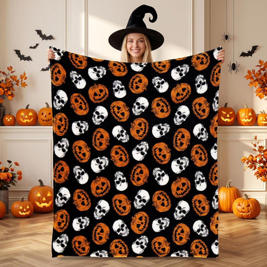 Pumpkin Skull Halloween Throw Blanket, Black