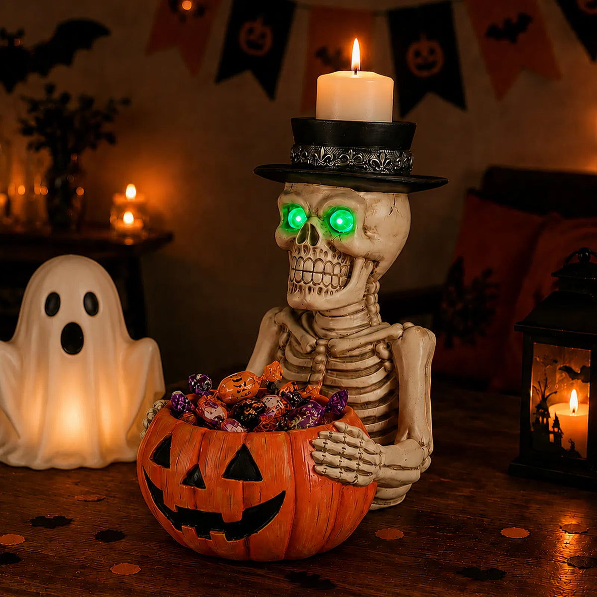 Skeleton Candy Dish with Glowing Green Eyes