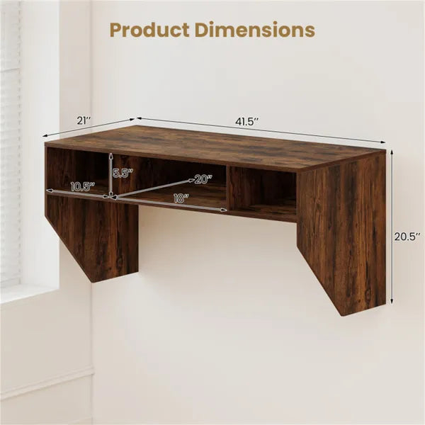 Floating Wall Desk with Cube Storage, Rustic Brown