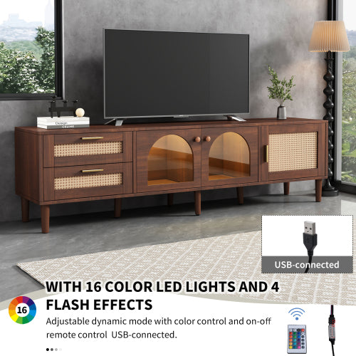 Rattan LED TV Stand for TVs up to 80 in, Dark Brown