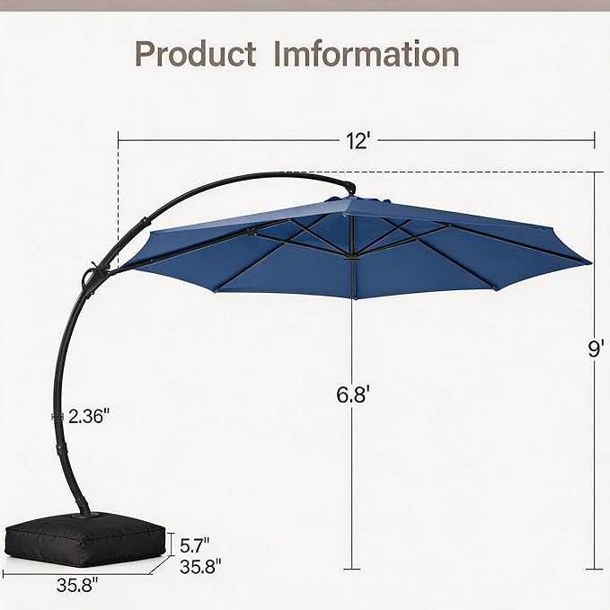 12 ft Round Cantilever Patio Umbrella with Base