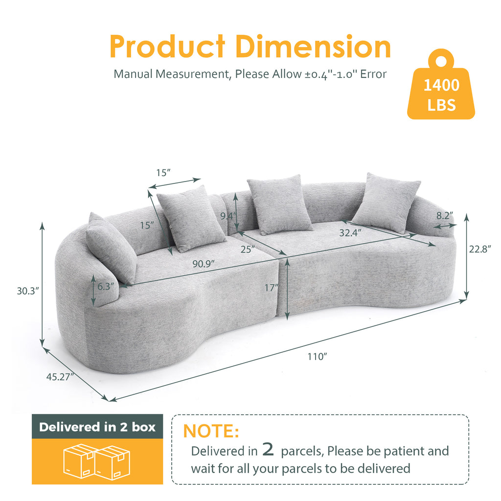 Curved Modular Sectional Sofa, 110 in, Grey