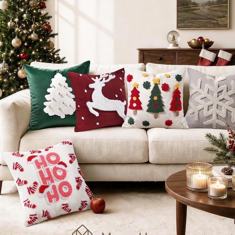 Tufted Chenille Christmas Pillow Cover, 18 x 18-Inch, Green
