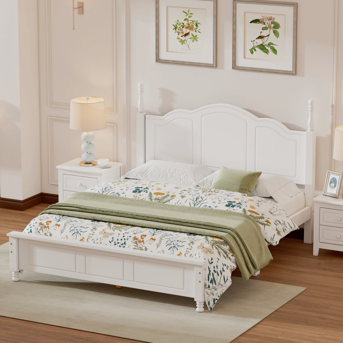 Retro Wood Platform Bed Frame, Queen, White