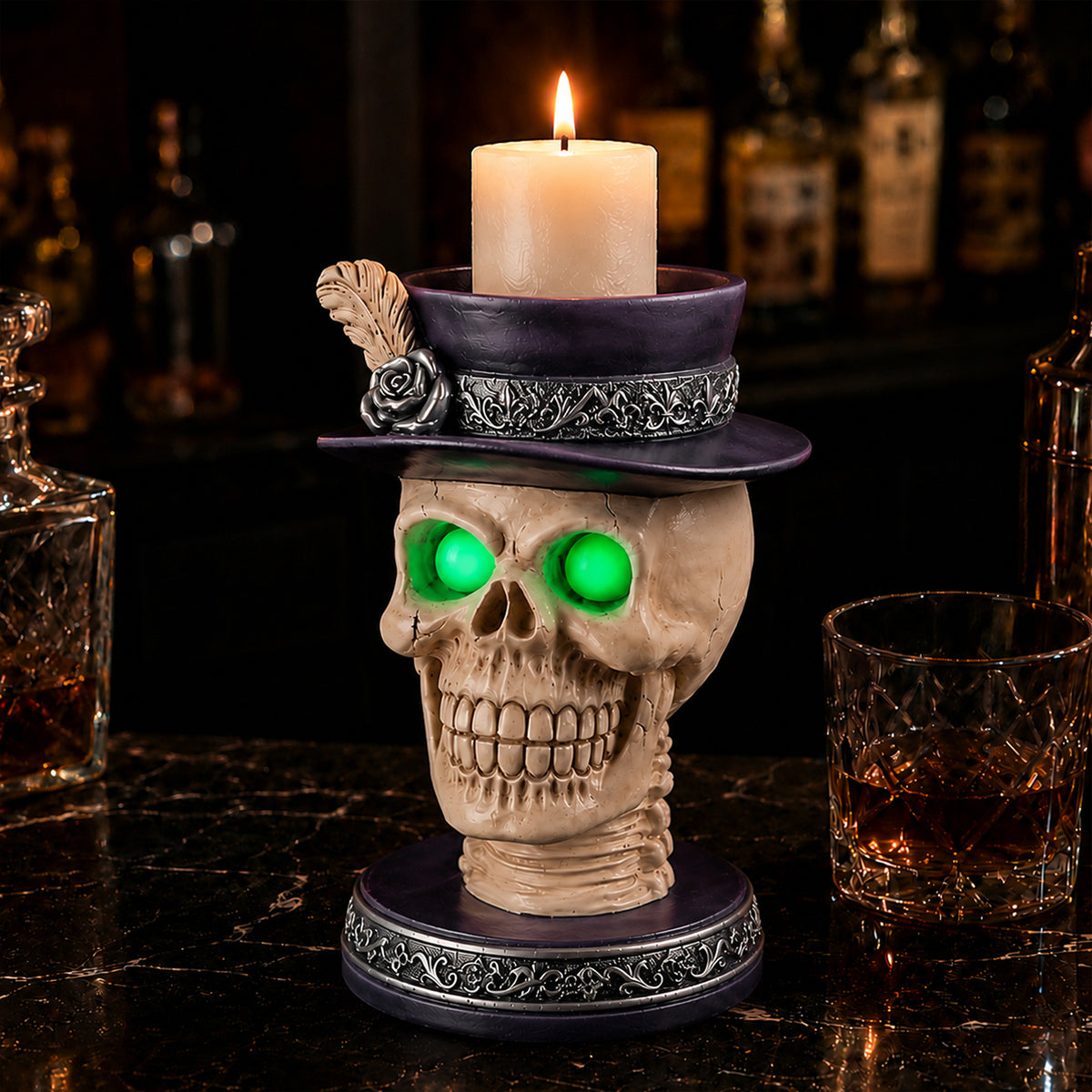 Skull Candle Holder with Glowing Eyes and Feather Top Hat