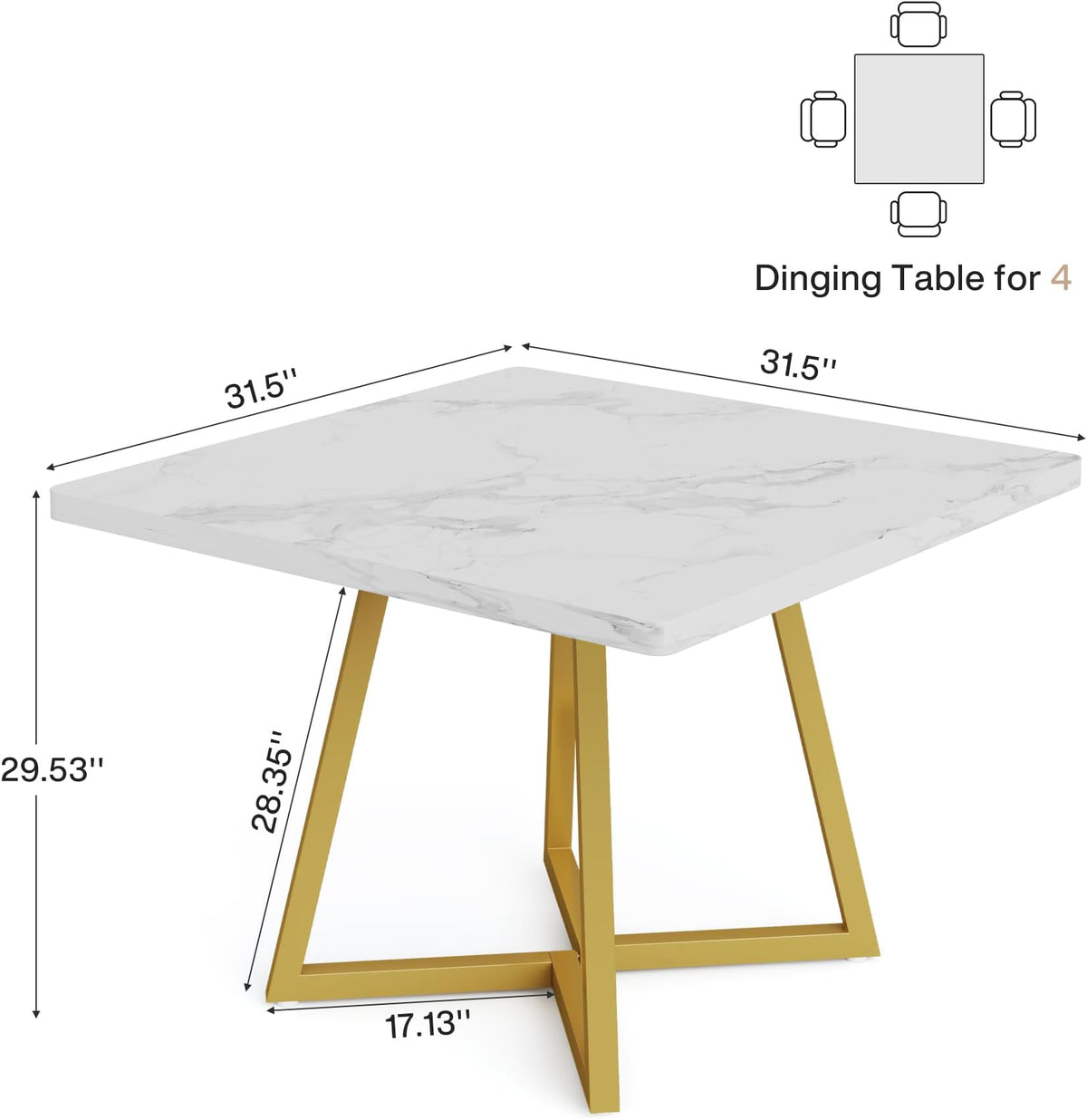 Vintage Square Dining Table, Gold and White