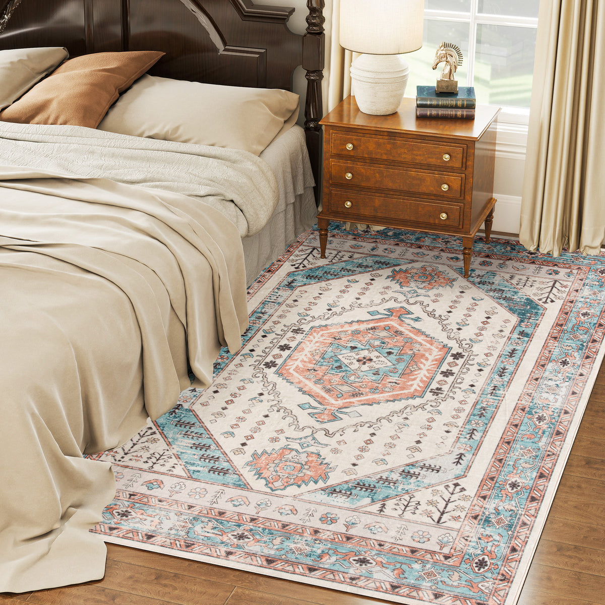 Vintage Low-Pile Area Rug, 4 x 6 ft, Brown and Blue