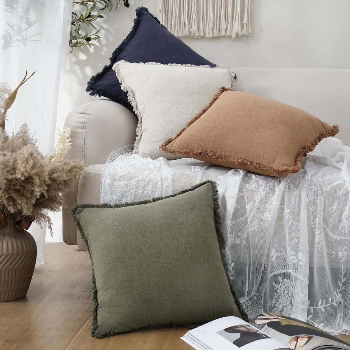 Linen Fringe Throw Pillow Cover, 18 x 18-Inch, Olive Green