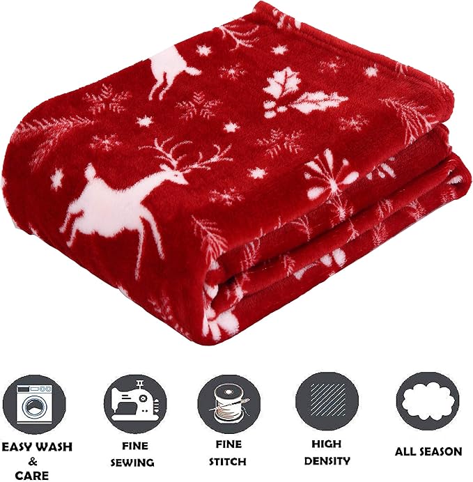 Burgundy Reindeer Velvet Fleece Christmas Throw, 50 x 60-Inch