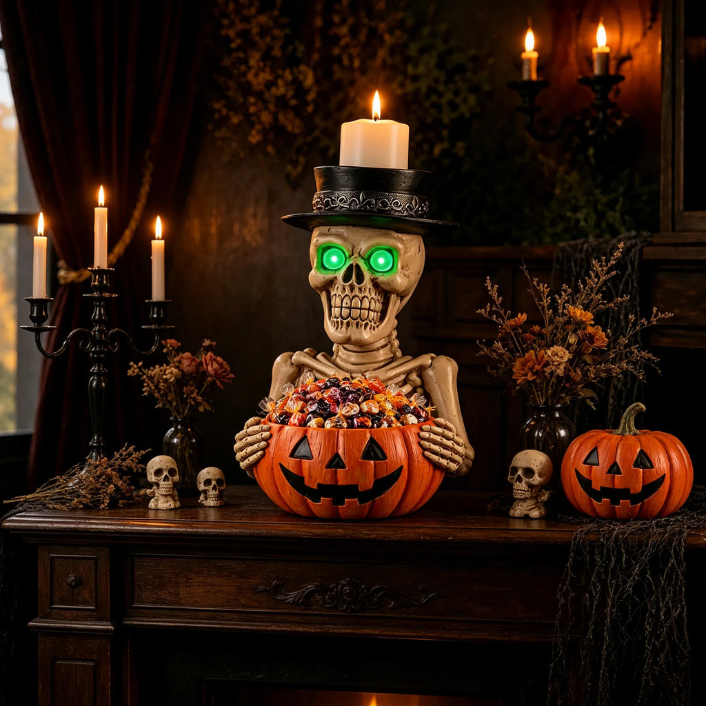 Skeleton Candy Dish with Glowing Green Eyes