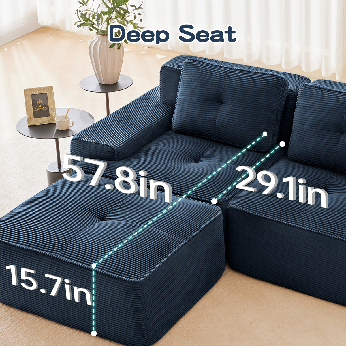 117-Inch L-Shaped Corduroy Sectional with Ottoman, Blue