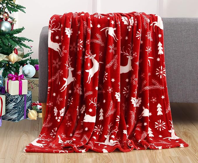 Burgundy Reindeer Velvet Fleece Christmas Throw, 50 x 60-Inch
