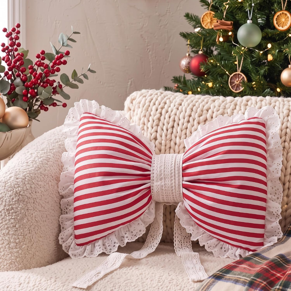 Red and White Striped Christmas Bow Pillow with Lace Trim