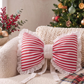 Red and White Striped Christmas Bow Pillow with Lace Trim