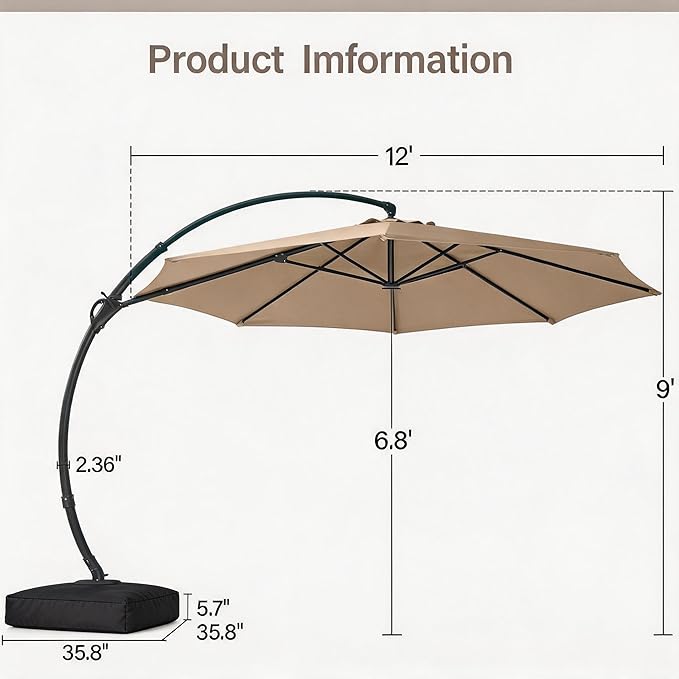 12 ft Round Cantilever Patio Umbrella with Base