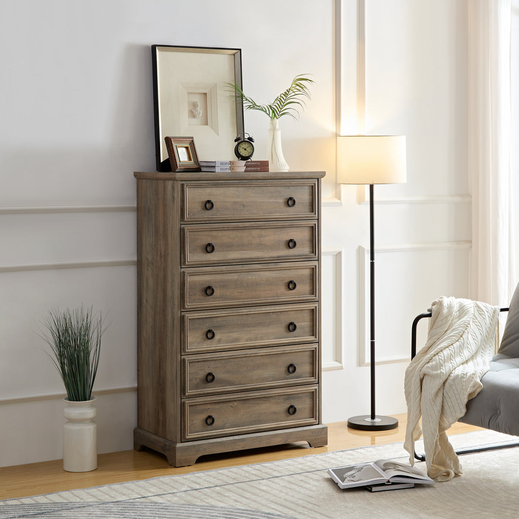 Tall 6-Drawer Dresser with Textured Borders, Gray Wash