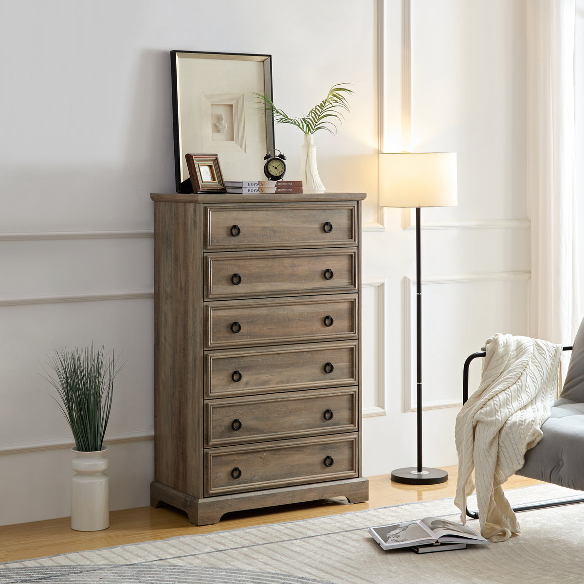 Tall 6-Drawer Dresser with Textured Borders, Gray Wash