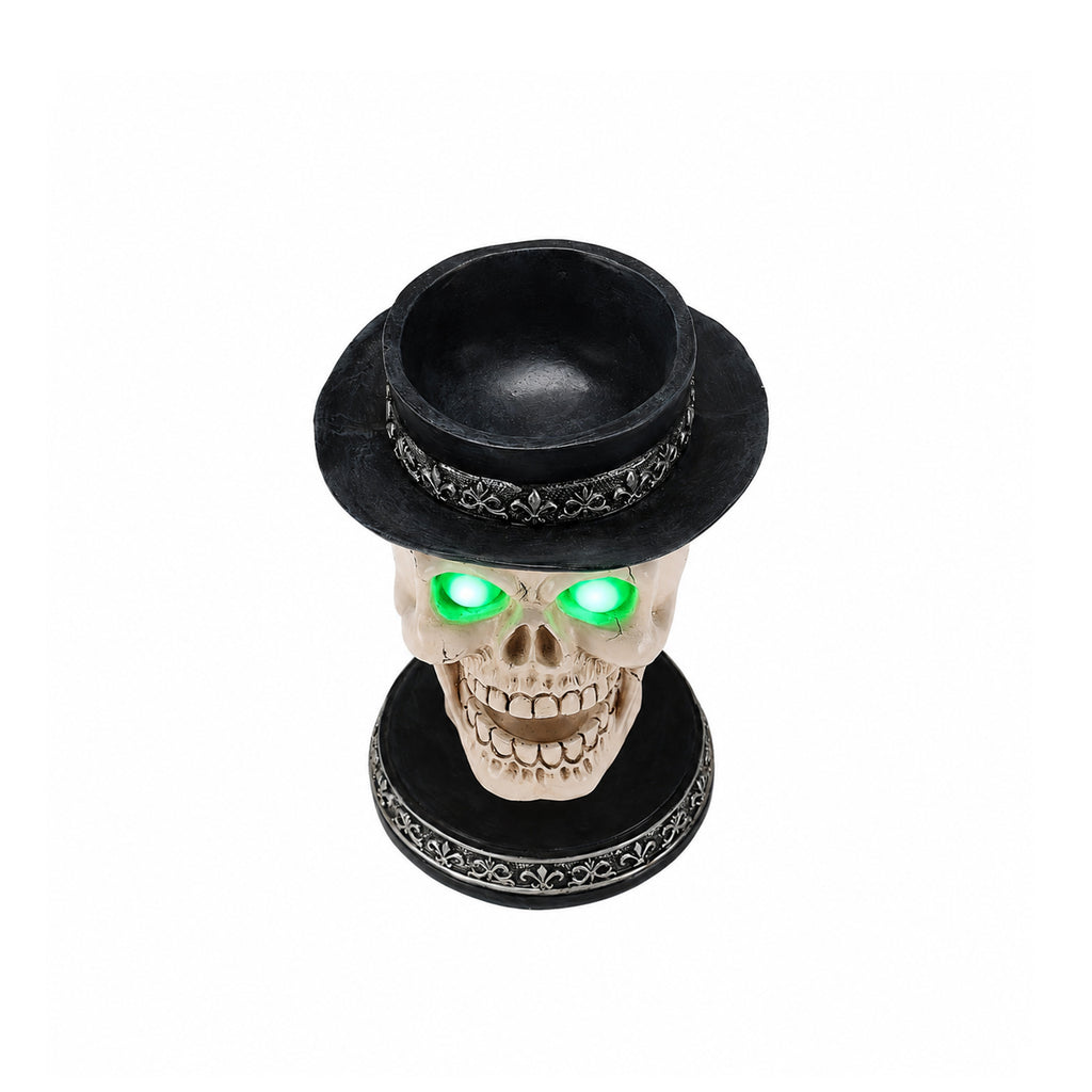 Open-Mouth Skull Candle Holder with Glowing Eyes and Top Hat