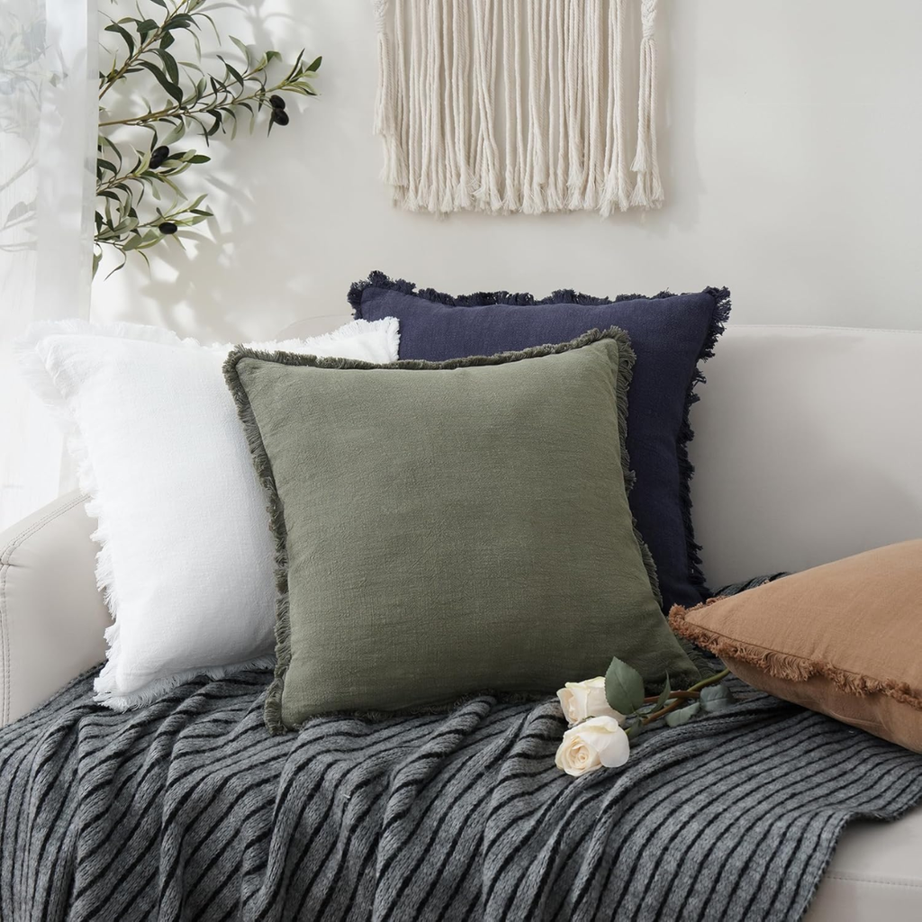 Linen Fringe Throw Pillow Cover, 18 x 18-Inch, Olive Green