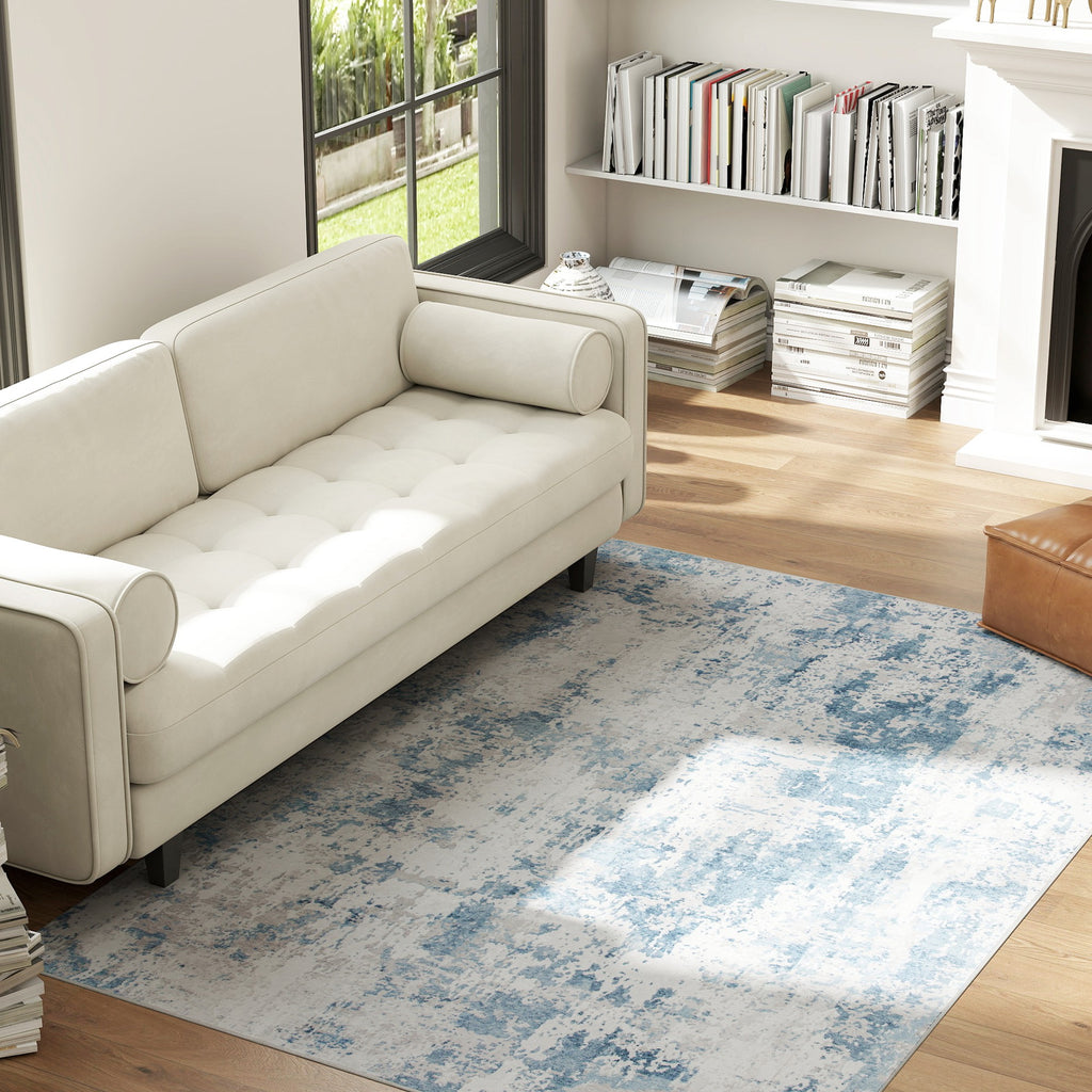 Washable Abstract Area Rug, 4 x 6 ft, Blue