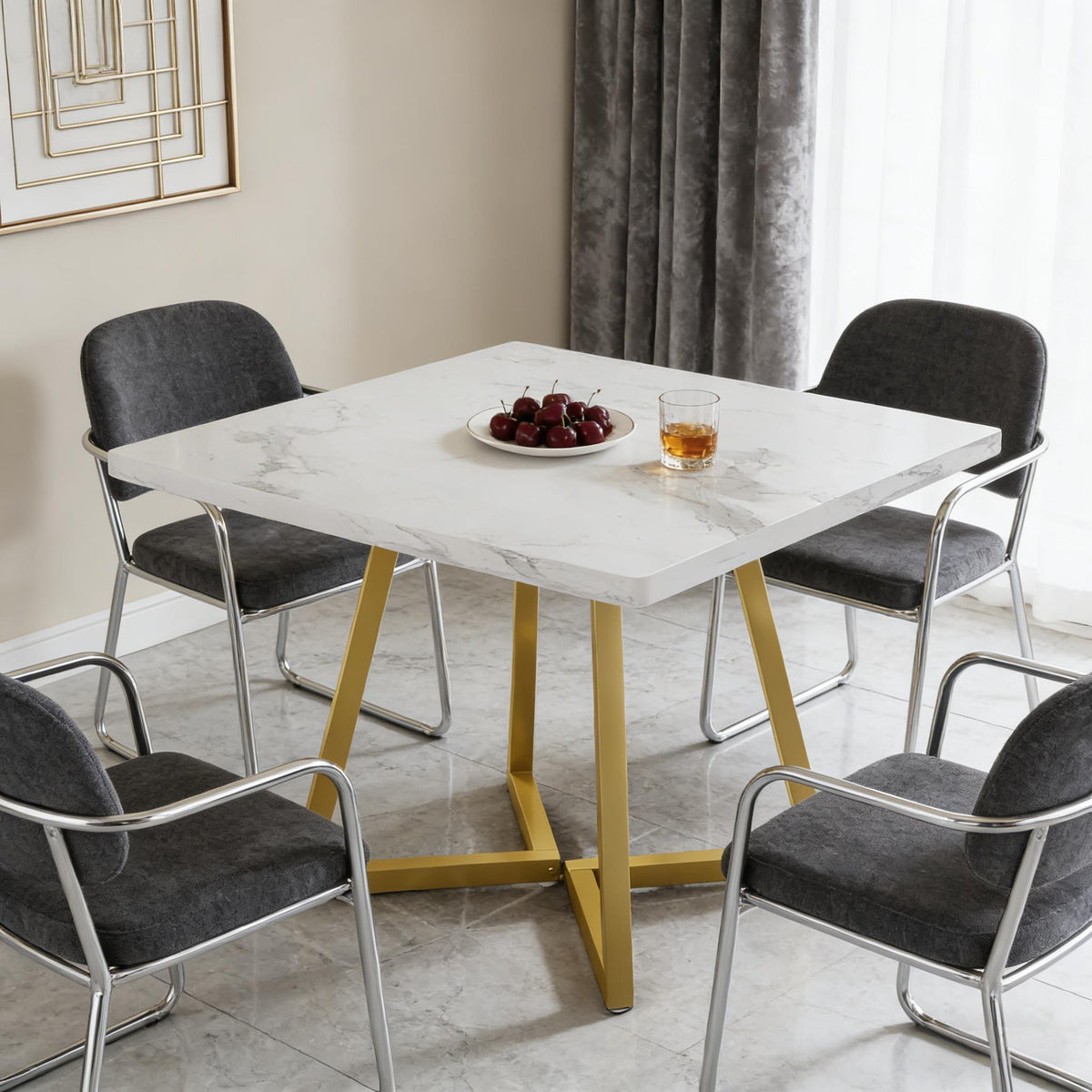 Vintage Square Dining Table, Gold and White