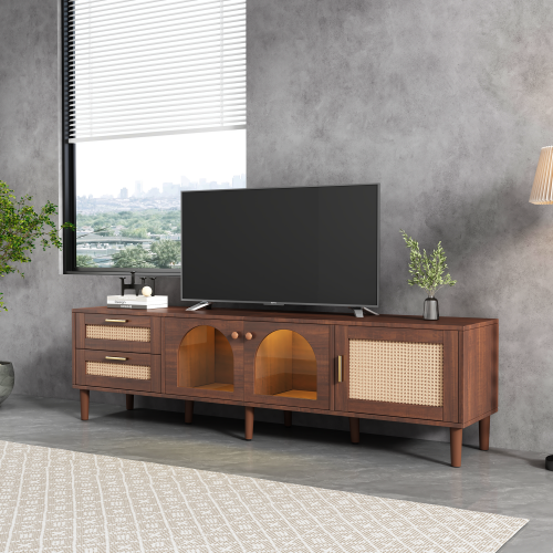 Rattan LED TV Stand for TVs up to 80 in, Dark Brown