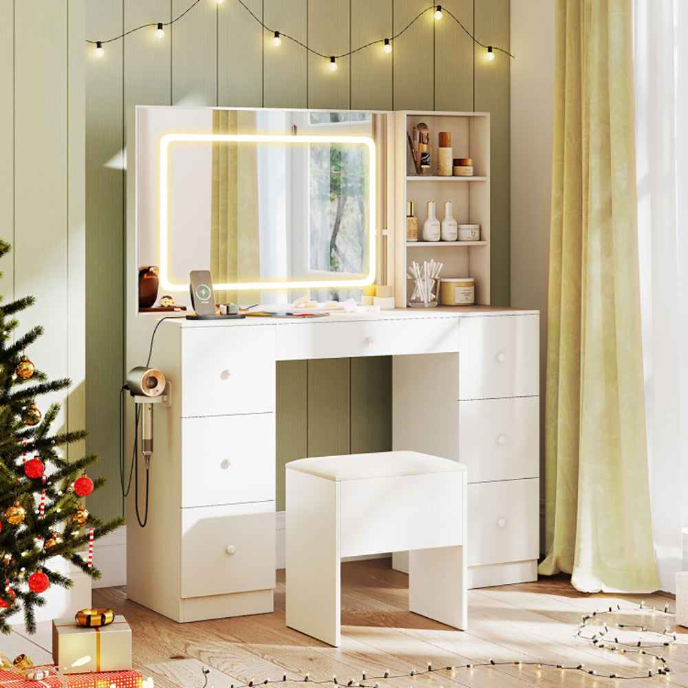Lighted Mirror Vanity Desk and Stool Set, White