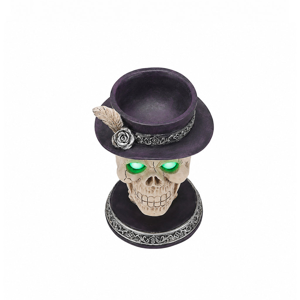 Skull Candle Holder with Glowing Eyes and Feather Top Hat