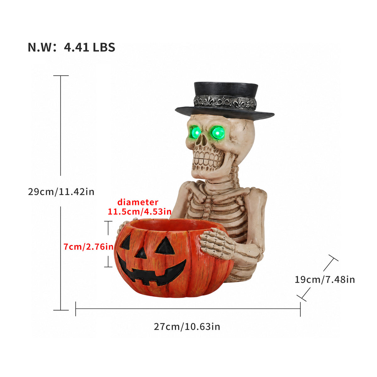 Halloween Skeleton Figurine with Pumpkin Candy Bowl and Candle Holder