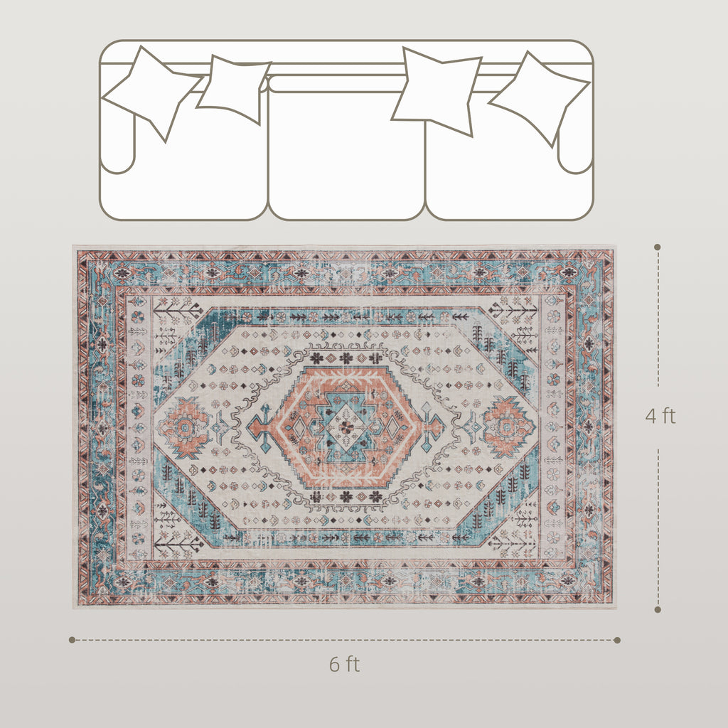 Vintage Low-Pile Area Rug, 4 x 6 ft, Brown and Blue