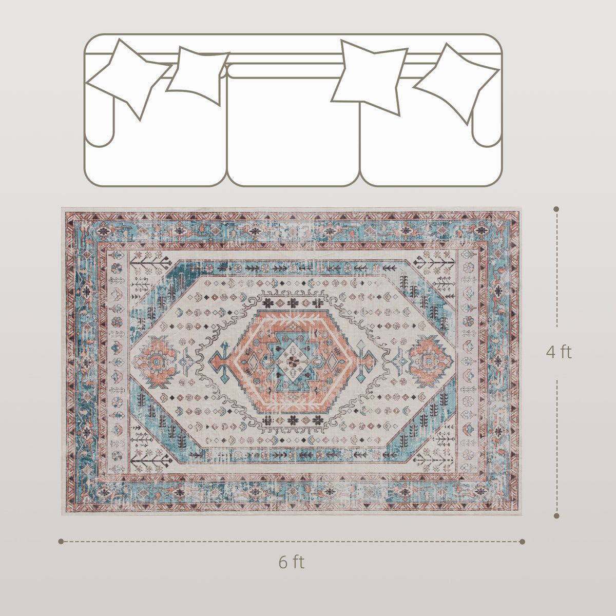 Vintage Low-Pile Area Rug, 4 x 6 ft, Brown and Blue